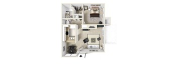 A 3D floor plan of a small apartment with a kitchen, living room, and bathroom.