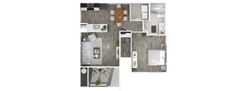 A top-down view of a modern apartment layout with a living room, kitchen, and bedroom.