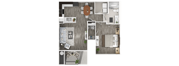 A top-down view of a living room with a couch, coffee table, and a dining area.