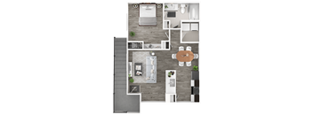 A top-down view of a house layout with a kitchen, living room, and dining area.