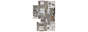 A floor plan of a house with a kitchen, living room, and two bedrooms.