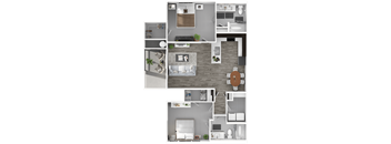 A floor plan of a house with a kitchen, living room, and bedrooms.