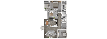 A detailed floor plan of a modern apartment with a living room, kitchen, and bedrooms.