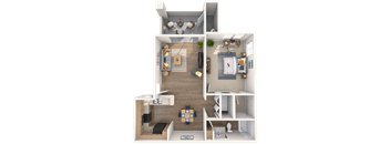 A 3D floor plan of a house showing a living room, kitchen, dining room, and bedrooms.