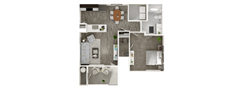 A top-down view of a modern apartment layout with a living room, kitchen, and bedrooms.