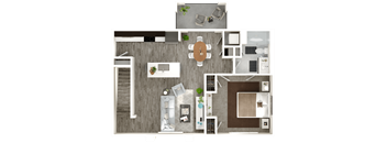 A top-down view of a house layout with a kitchen, living room, and bedrooms.