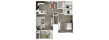 A top-down view of a modern apartment layout with a living room, kitchen, and bedrooms.