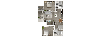 A floor plan of a house with a living room, kitchen, and two bedrooms.