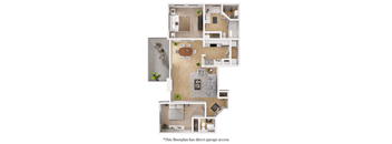 A floor plan of a house with a kitchen, living room, and bathroom.