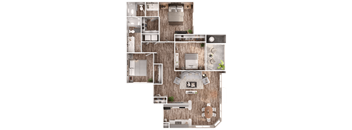 A detailed 3D floor plan of a modern apartment.