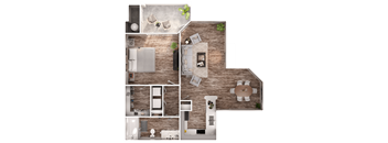 A top-down view of a house layout with a kitchen, living room, dining room, and bathroom.