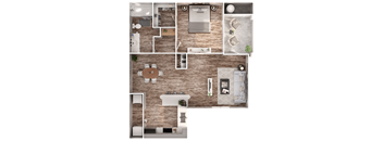 A top-down view of a house layout with a kitchen, living room, and bedrooms.
