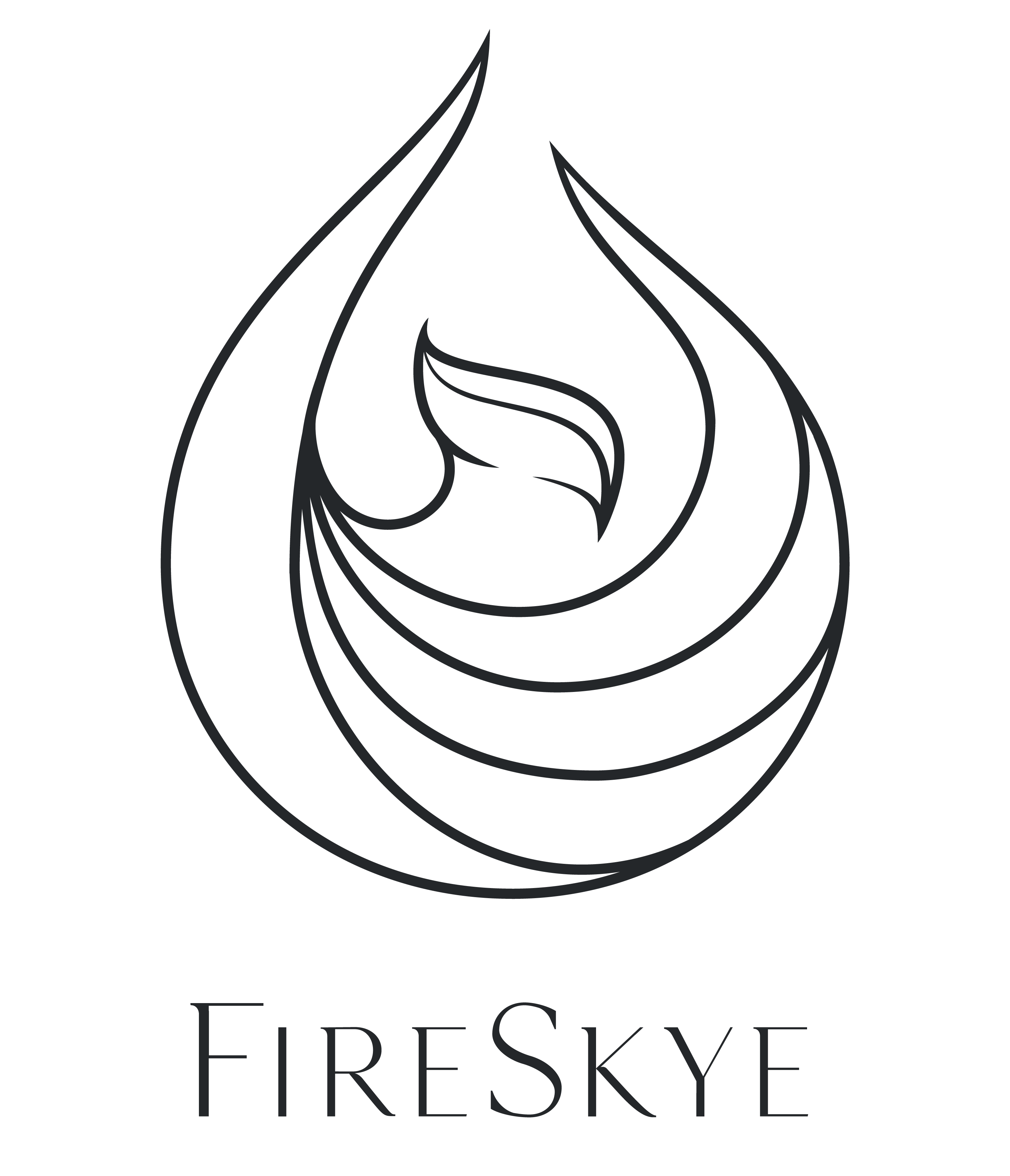 A logo with a flame in a drop shape and the word "Fireskye" below it.
