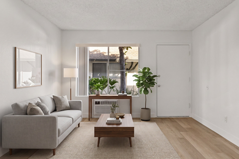 A living room with a grey couch, a wooden coffee table, and a large window.