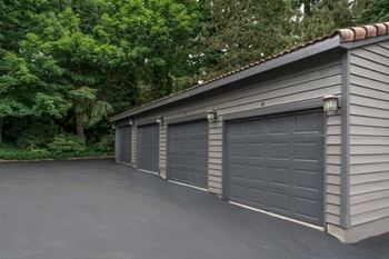 A grey garage door is closed.