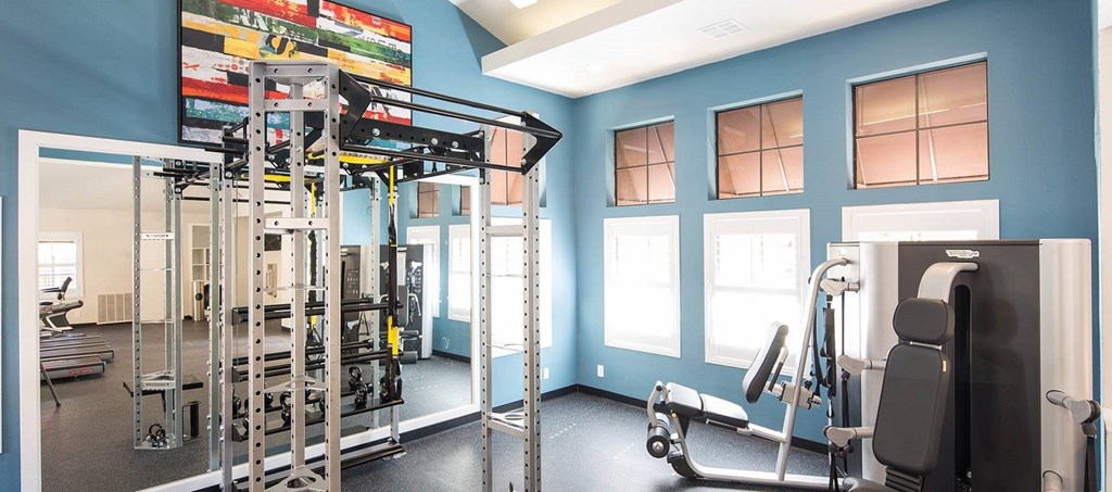 A gym with a blue wall and a variety of equipment.