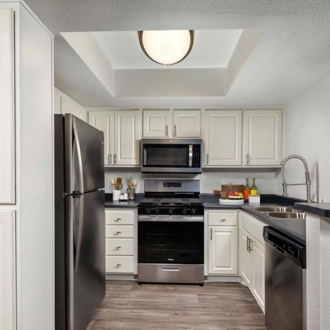 A kitchen with a black refrigerator and stainless steel appliances.