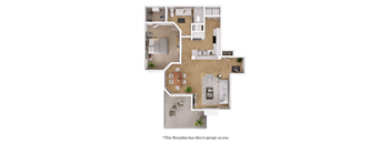 A floor plan of a house with a note indicating it has direct garage access.