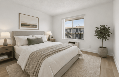 A bedroom with a large bed and a potted plant.