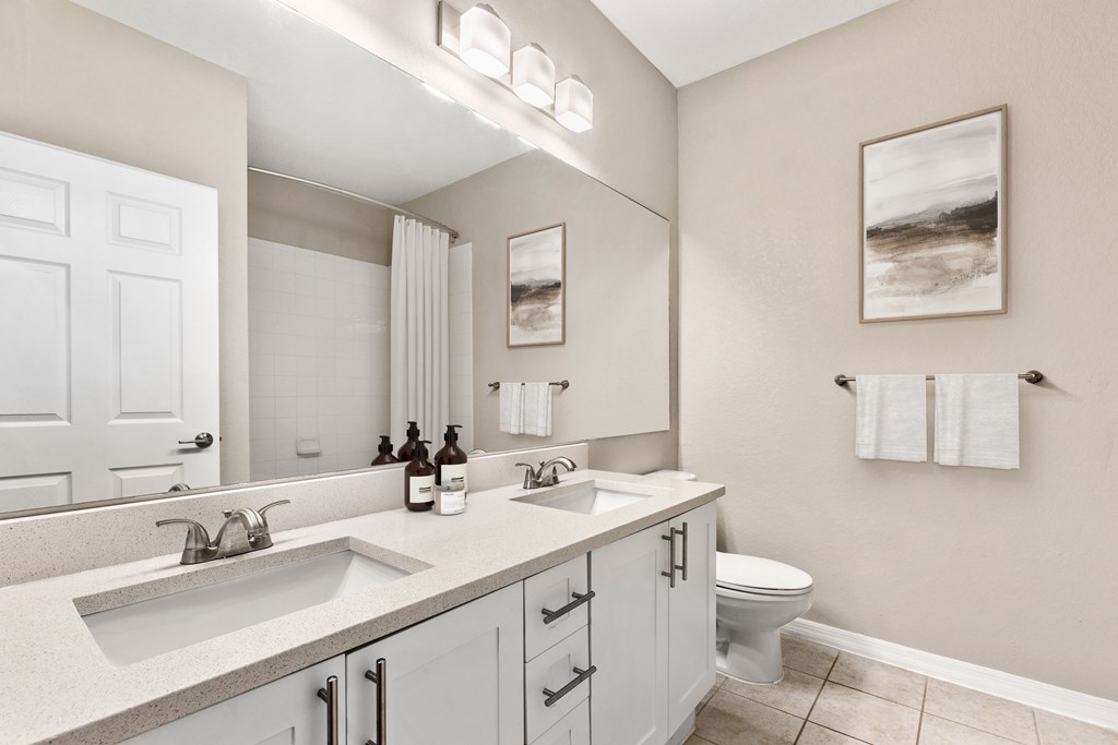 A bathroom with a white toilet, a sink, and a mirror.