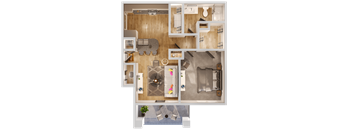 A top-down view of a house layout with a living room, kitchen, and bathroom.