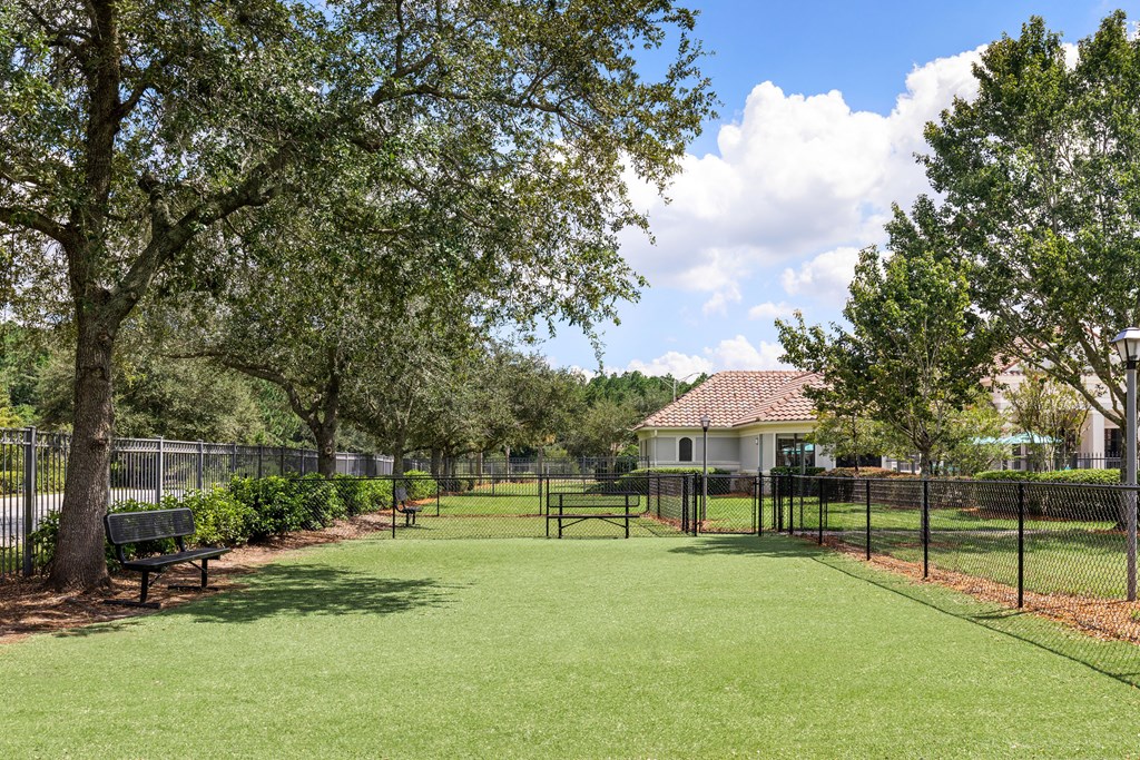 A park with a bench and a fence.