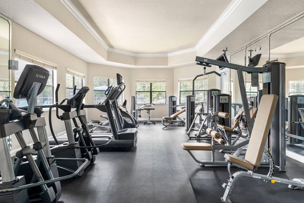 A gym with treadmills, elliptical machines, and other exercise equipment.