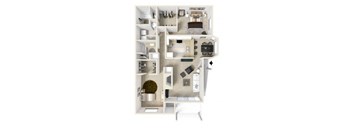 A floor plan of a small apartment with a kitchen, living room, and bathroom.