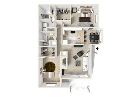 A floor plan of a small apartment with a kitchen, living room, and bathroom.