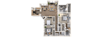 A detailed 3D floor plan of a modern apartment layout.