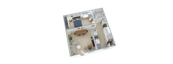 A top-down view of a house layout with a kitchen, living room, and bedrooms.