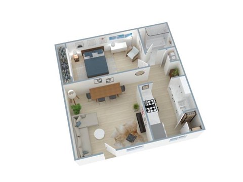 A top-down view of a house layout with a kitchen, living room, and bedrooms.