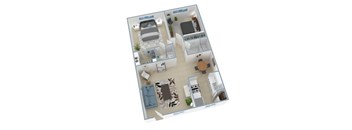 A 3D floor plan of a house with a kitchen, living room, and bedrooms.