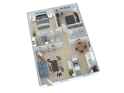 A 3D floor plan of a house with a kitchen, living room, and bedrooms.