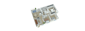 A 3D floor plan of a house with multiple rooms and furniture.