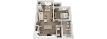 A 3D floor plan of a small apartment with a kitchen, living room, and bedroom.