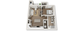 A 3D floor plan of a small apartment with a kitchen, living room, bedroom, and bathroom.