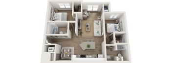 A 3D floor plan of a house layout.