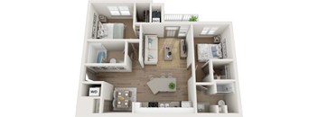 A 3D floor plan of a small apartment with a kitchen, living room, and bathroom.