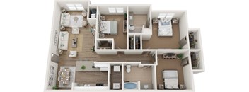 A 3D floor plan of a house with two bedrooms, a living room, a kitchen, a bathroom, and a dining area.