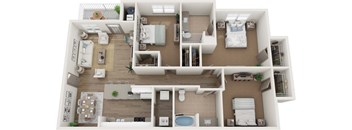 A 3D floor plan of a small apartment with a kitchen, living room, and bedrooms.