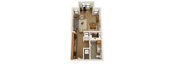 A top-down view of a small apartment with a living room, kitchen, and bathroom.