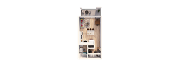 A top-down view of a small apartment with a kitchen, living room, and bathroom.