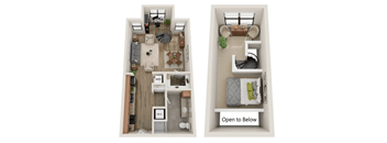Two images of a small apartment layout with a living room, kitchen, and bedroom.