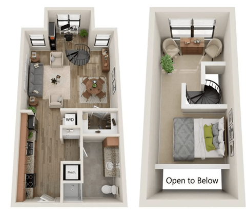 Two images of a small apartment layout with a living room, kitchen, and bedroom.