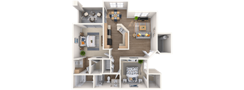 A 3D rendered image of a modern apartment layout.