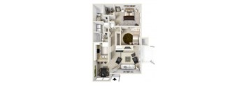 A 3D floor plan of a small apartment with a kitchen, living room, and bathroom.