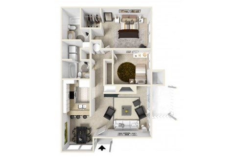 A 3D floor plan of a small apartment with a kitchen, living room, and bathroom.