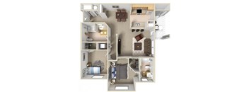 A 3D floor plan of a small apartment with a kitchen, living room, and bedroom.