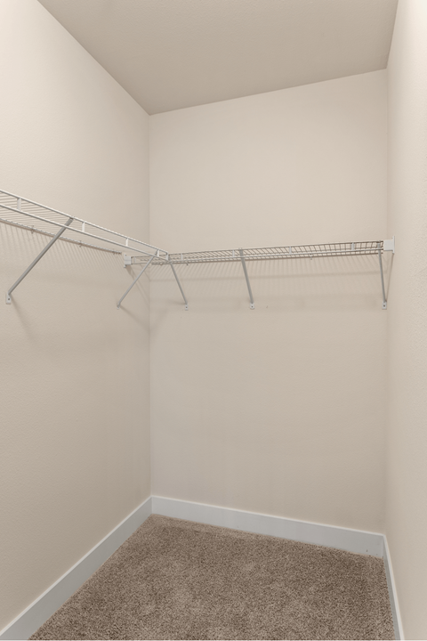 A white closet with a carpeted floor and a metal rack.